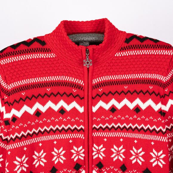Women's Red Fair Isle Cardigan Sweater SZ XL Winter Holiday Snowflake Christmas - Picture 2 of 8